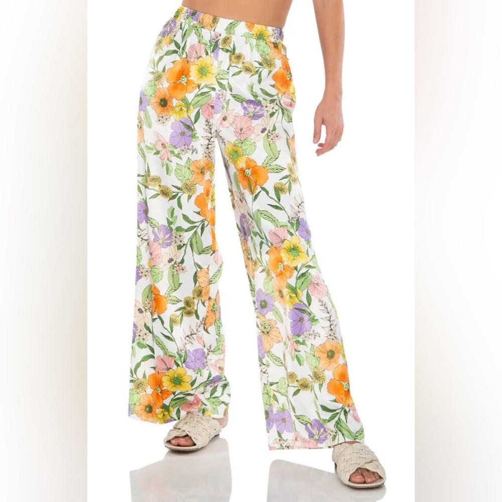 AFRM Satin Floral Wide-Leg Pants in Bright White, Purple, Yellow, Green Boho